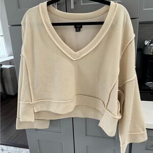 Urban Outfitters BDG Cream Ribbed V-Neck Cropped Sweater